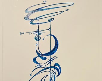 May include: Abstract blue ink drawing on a cream background. The artwork features swirling lines, dots, and curves, with the word "Whipped" and the date "6.12.2024" in the lower left corner. Signed by the artist.