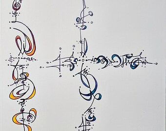 May include: Abstract ink drawing on white paper. The artwork features stylized lines and shapes in black, blue, yellow, and red. The word "SWEEP" and the date "11.7.2025" are written in black ink, along with a signature.