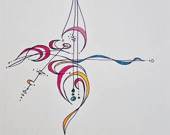May include: Abstract artwork with the text "CURRENTSEA" and the date "10.15.2025". The artwork features a series of curved lines and shapes in pink, yellow, blue, and black on a white background. The artwork is signed.