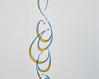 May include: Abstract artwork featuring a vertical design with blue and yellow lines on a white background. The artwork includes the text "Golden Stream" and the date 11.15.2025. The piece is signed in blue ink.