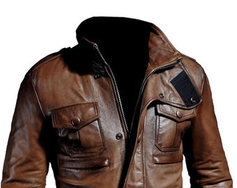 EJs Chaqueta de cuero auténtico para hombre, color marrón antiguo, con varios bolsillos, corte entallado, longitud a la cadera