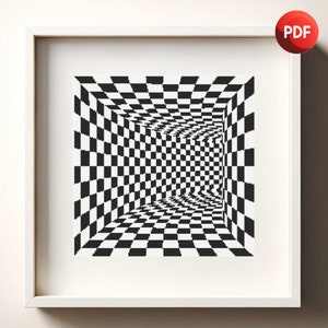 Puede incluir: Obra de arte enmarcada a cuadros en blanco y negro, creando una ilusión óptica. La obra de arte crea un efecto de túnel 3D con un patrón repetitivo de cuadrados blancos y negros. El arte está en un marco blanco.