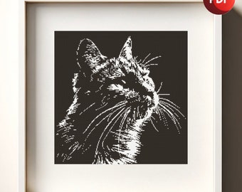 Cross Stitch Pattern PDF Cat Black and White Shadow Monochrome Single Color Instant Download