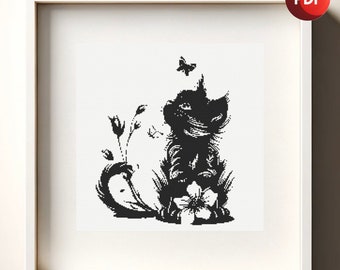 Cross Stitch Pattern PDF Kitten Butterflies and Flowers Black and White Monochrome Single Color Instant Download