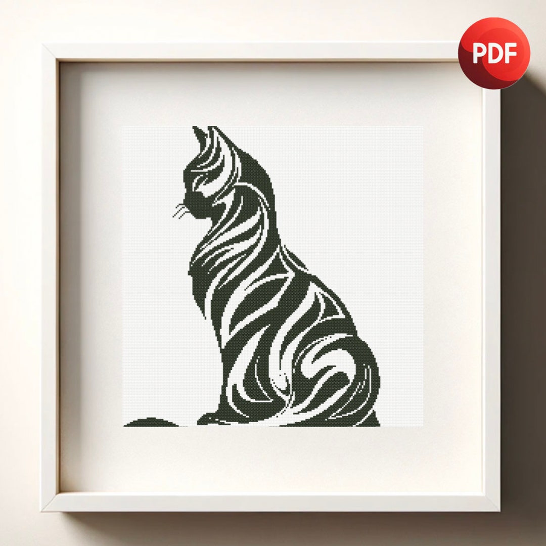 Abstract Cat Pattern Cross Stitch Pattern PDF Abstract Monochrome Black Cat Single Color ...