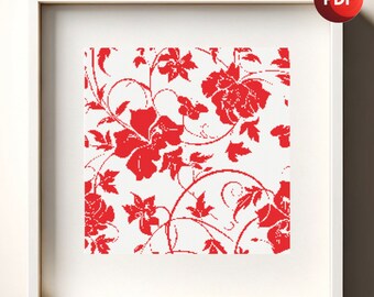Cross Stitch Pattern PDF Red Flowers and Leaves Floral Abstract Monochrome Single Color Instant Download
