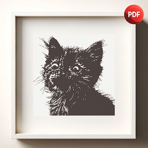 Cross Stitch Pattern PDF Fluffy Kitten Monochrome Single Color Instant Download