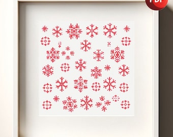 Cross Stitch Pattern PDF Monochrome Christmas Snowflakes in Red Monochrome Instant Download