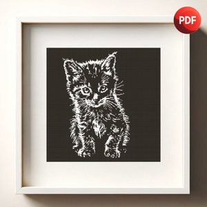 Cross Stitch Pattern PDF Fluffy Kitten Black and White Monochrome Single Color Instant Download
