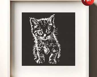 Cross Stitch Pattern PDF Fluffy Kitten Black and White Monochrome Single Color Instant Download