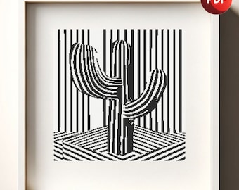Cross Stitch Pattern PDF Monochrome Optical Illusion Abstract Cactus Single Color Instant Download