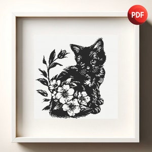 Cross Stitch Pattern PDF Kitten Next to Flowers Black and White Monochrome Single Color Instant Download