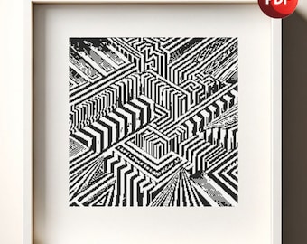 Cross Stitch Pattern PDF Monochrome Optical Illusion City Single Color Instant Download