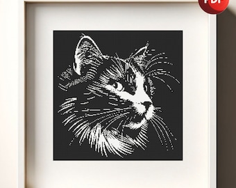Cross Stitch Pattern PDF Fuffy Cat Black and White Monochrome Single Color Instant Download