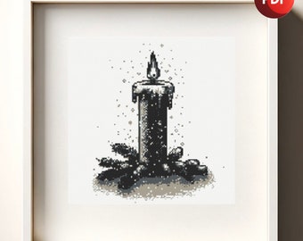 Cross Stitch Pattern PDF Monochrome Christmas Candle Grayscale Instant Download