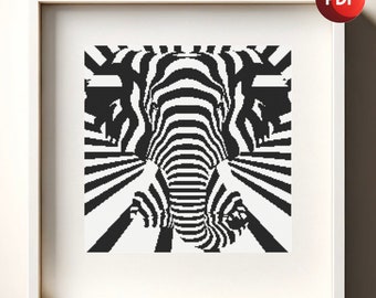 Cross Stitch Pattern PDF Monochrome Optical Illusion Abstract Elephant Face Single Color Instant Download