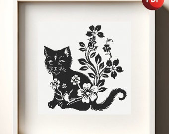 Cross Stitch Pattern PDF Tiny Kitten with Flowers Black and White Floral Monochrome Single Color Instant Download