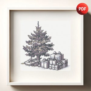 Cross Stitch Pattern PDF Monochrome Christmas Gifts Under the tree Grayscale Instant Download