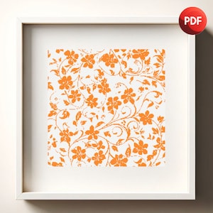 May include: A seamless pattern featuring orange floral designs on a white background. The pattern is made up of stylised flowers and leaves, creating a delicate and intricate design.