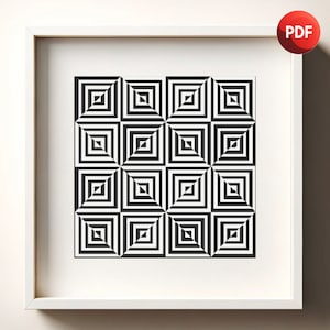 Puede incluir: Patrón geométrico en blanco y negro con un diseño cuadrado repetitivo. Los cuadrados están formados por líneas blancas y negras alternas, creando una ilusión óptica de profundidad.