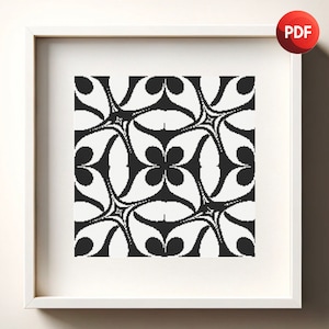 Black and White Cross Stitch Pattern PDF Monochrome Abstract Leafy Single Color Instant Download