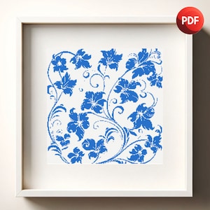 Cross Stitch Pattern PDF Blue Floral Abstract Monochrome Single Color Instant Download