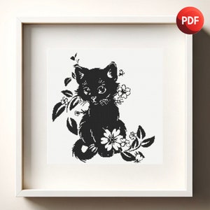 Cross Stitch Pattern PDF Kitten Floral Black and White Monochrome Single Color Instant Download