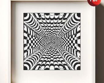 Cross Stitch Pattern PDF Monochrome Optical Illusion Hall Single Color Instant Download