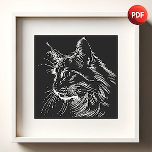 Peut inclure: Un dessin au trait en noir et blanc d'une tête de chat, regardant vers la droite. La fourrure du chat est détaillée avec de fines lignes.