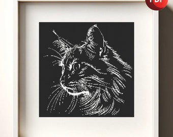 Cross Stitch Pattern PDF Cat Black and White Portrait Monochrome Single Color Instant Download