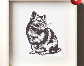 Cross Stitch Pattern PDF Monochrome Black and White Hamster Single Color Instant Download