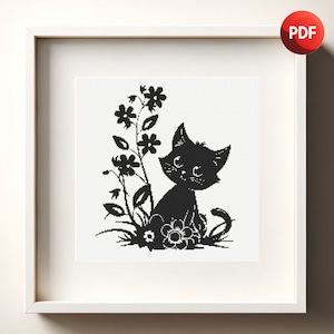 Cross Stitch Pattern PDF Happy Kitten with Flowers Black and White Monochrome Single Color Instant Download