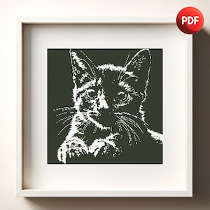 Cross Stitch Pattern PDF Kitten Black and White Portrait Monochrome Single Color Instant Download