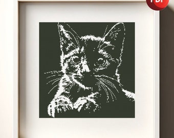 Cross Stitch Pattern PDF Kitten Black and White Portrait Monochrome Single Color Instant Download