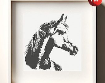 Cross Stitch Pattern PDF Monochrome Black and White Horse Single Color Instant Download