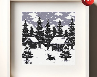 Cross Stitch Pattern PDF Monochrome Christmas Scene Grayscale Instant Download