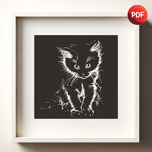 Cross Stitch Pattern PDF Kitten Black and White Monochrome Single Color Instant Download