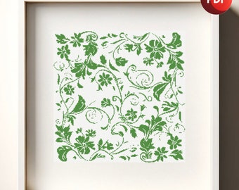 Cross Stitch Pattern PDF Green Leafy Abstract Monochrome Single Color Instant Download