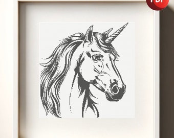 Cross Stitch Pattern PDF Monochrome Black and White Unicorn Single Color Instant Download