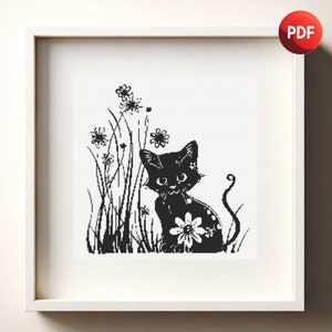 Cross Stitch Pattern PDF Kitten and Flowers Black and White Monochrome Single Color Instant Download