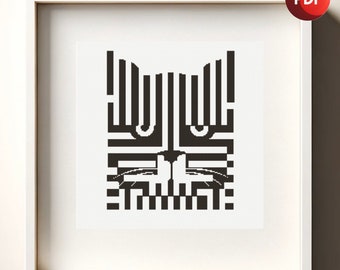 Cross Stitch Pattern PDF Monochrome Optical Illusion Abstract Cat Face Single Color Instant Download