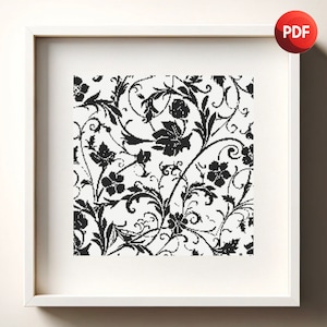 Patrón de punto de cruz PDF Flores blancas y negras Floral Abstracto Monocromo Un solo color Descarga instantánea