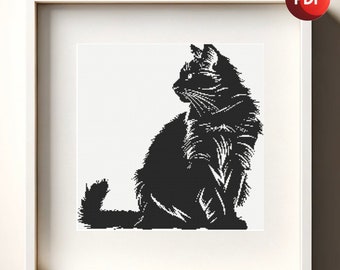 Cross Stitch Pattern PDF Monochrome Black and White Fluffy Cat Single Color Instant Download