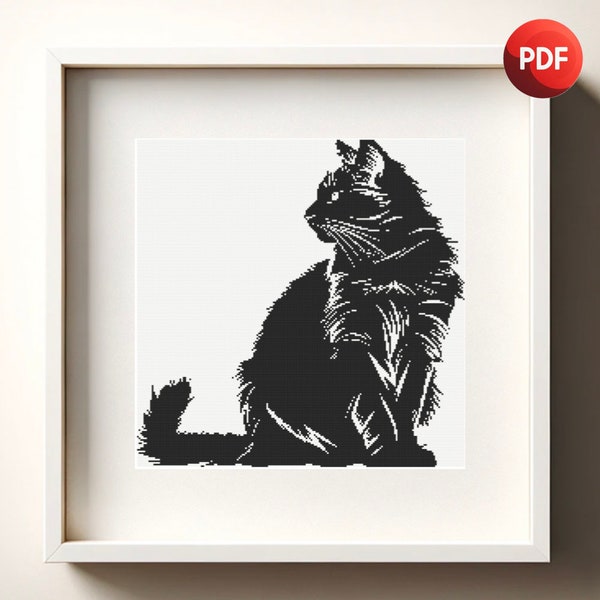 Cross Stitch Pattern PDF Monochrome Black and White Fluffy Cat Single Color Instant Download