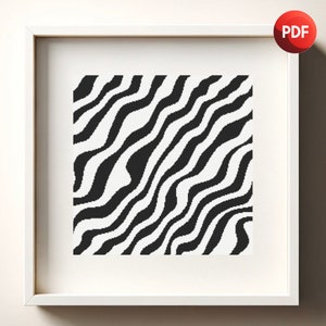 Black and White Cross Stitch Pattern PDF Monochrome Abstract Waves Single Color Instant Download