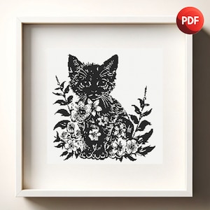 Cross Stitch Pattern PDF Little Kitten in Flowers Black and White Monochrome Single Color Instant Download