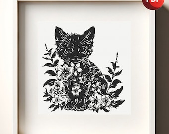 Cross Stitch Pattern PDF Little Kitten in Flowers Black and White Monochrome Single Color Instant Download
