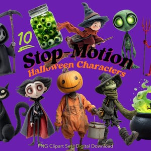 Puede incluir: Una colección de 10 personajes de Halloween en stop-motion sobre un fondo morado. Los personajes incluyen una Parca, un gato negro, un vampiro, una figura con cabeza de calabaza, una bruja, un extraterrestre, un diablo y un caldero con líquido verde burbujeante.