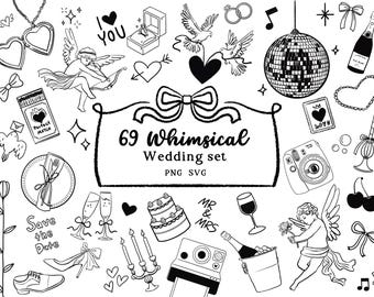 Whimsical Wedding Clipart Bundle: Hand-Drawn Floral Icons (PNG SVG)