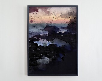 Ponta da Ferraria, Azores Print | Nightscape Art Print | Watercolour Style Coastal Landscape Print | PRINTABLE Digital Download